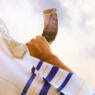 Jewish man blowing the Shofar (horn) of Rosh Hashanah (New Year). Religious symbol