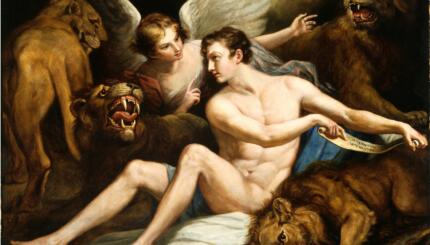 Painting of Daniel in the lion's den.