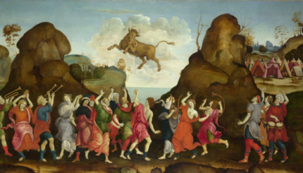 painting of a cow in the sky and people dancing below it